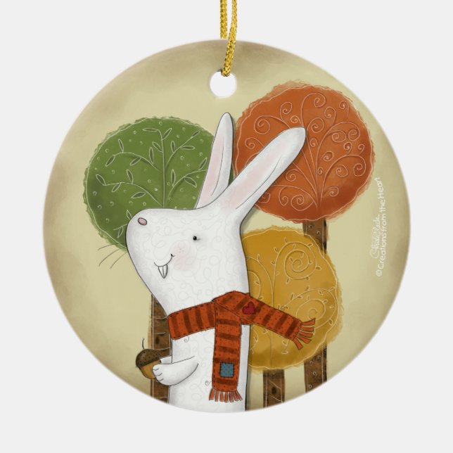 Woodland Bunny med Acorn Julgransprydnad Keramik (Framsidan)