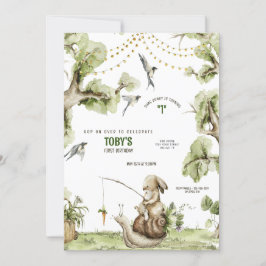 Woodland Bunny Rabbit Fishing Födelsedagsfest Invi Inbjudningar