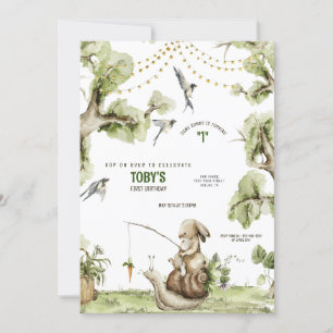 Woodland Bunny Rabbit Fishing Födelsedagsfest Invi Inbjudningar