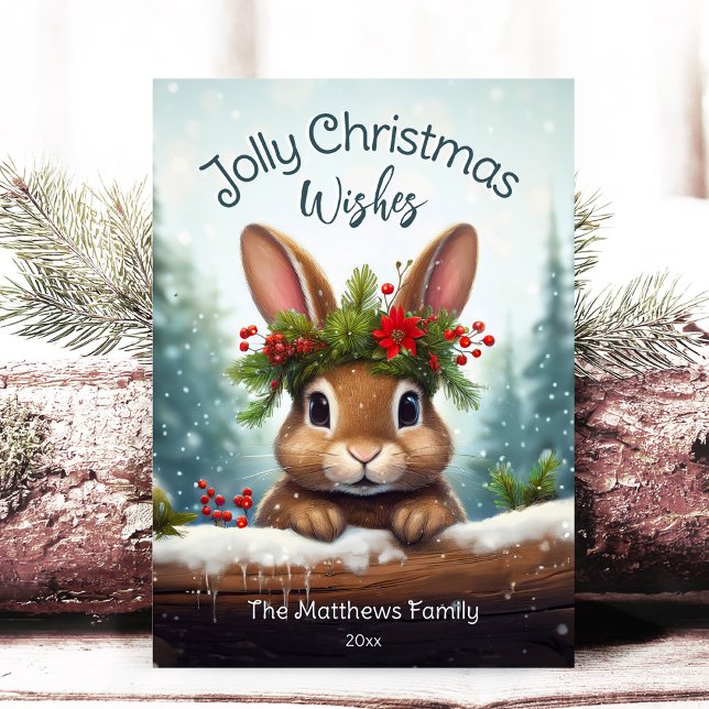 Woodland Bunny Rabbit Jolly jul Snowy Gräs Julkort (Adorable Winter Snowy Scene With Peeking Dogs or Farm/Woodland Animals - Over 50 to Choose From!)