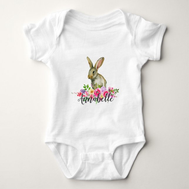 Woodland Bunny Rabbit Watercolor Blommigt Baby Mon T-shirt (Framsida)