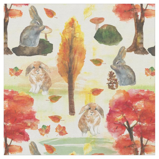 Woodland Bunny Rabbit Watercolor Tyg (Närbild)