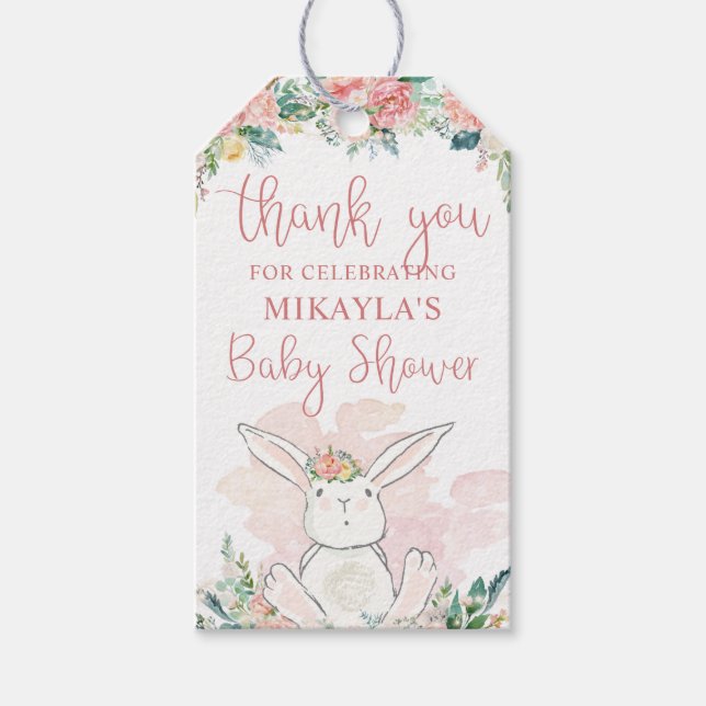 Woodland Bunny Rosa Blommigt Baby Shower Tack Presentetikett (Framsidan)