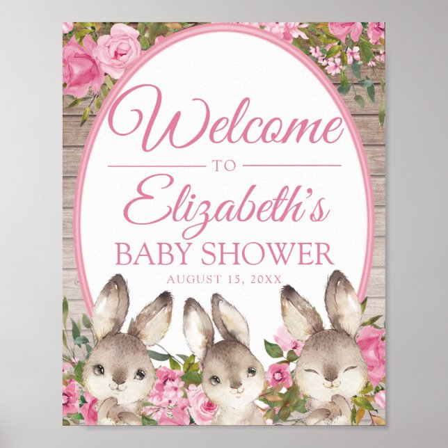 Woodland Bunny Rosa Girl Girl Girl Shower Välkomme Poster (Framsidan)