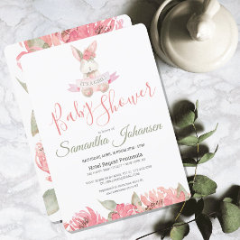 Woodland Bunny Rosa Watercolor Blommigt Baby Showe Inbjudningar