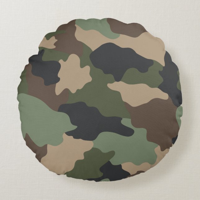 Woodland Camouflage Camo Khaki Grönt Tan Black Rund Kudde (Framsidan)