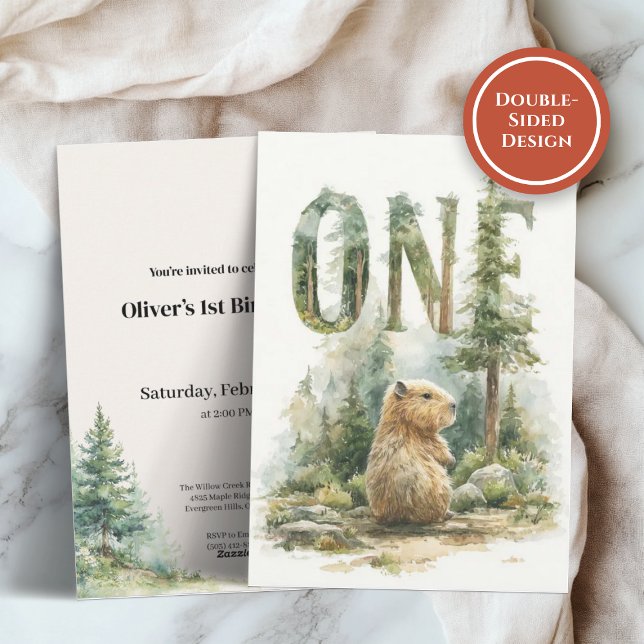 Woodland Capybara 1st Birthday Invitation Julkort (Watercolor birthday invitation with capybara and forest trees on a soft neutral background)