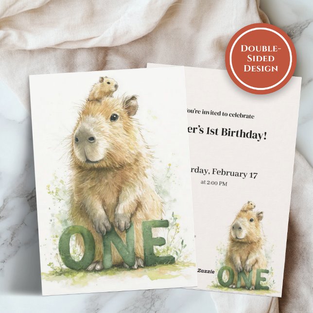 Woodland Capybara 1st Birthday Invitation Julkort (Watercolor capybara with green ONE letters on a soft birthday invitation background)