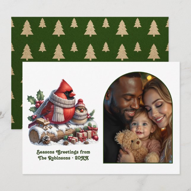 Woodland Cardinal Cozy Forest Christmas Photo Julkort (Fram/baksida)