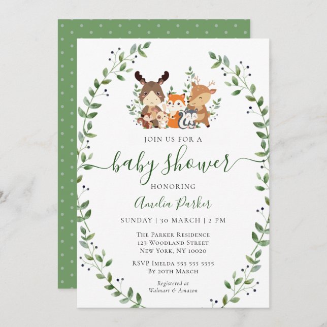 Woodland Chic Greenery Forest Animals Baby Shower Inbjudningar (Fram/baksida)