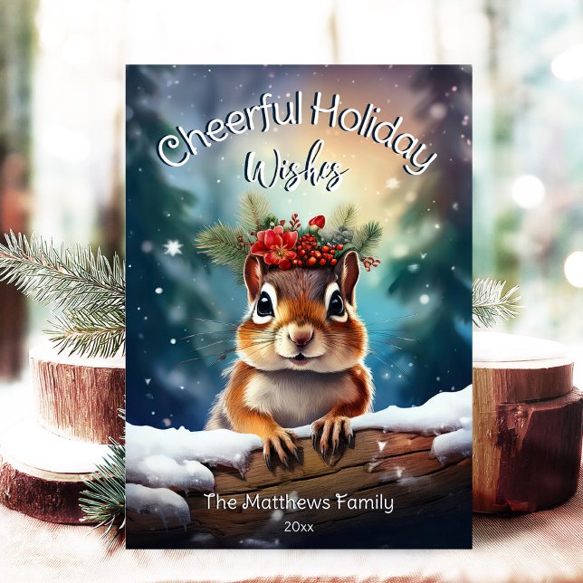 Woodland Chipmunk Cheerful jul Rustic Forest Julkort (Adorable Winter Snowy Scene With Peeking Dogs or Farm/Woodland Animals - Over 50 to Choose From!)