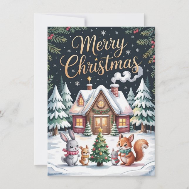 Woodland Christmas Cabin Card Julkort (Framsida)