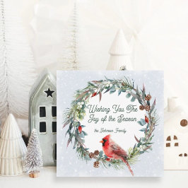 Woodland Christmas Wreath, Cardinal, Snowflakes Julkort