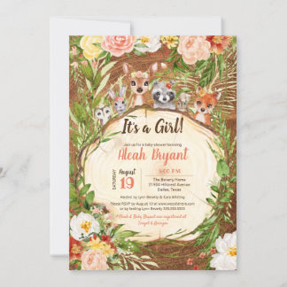 Woodland Cute Animals Forest Girl Wood Baby Shower Inbjudningar
