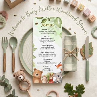 Woodland Cute Animals Watercolor Baby Shower Meny
