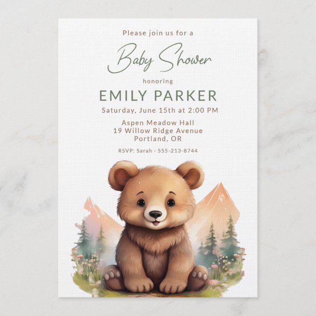 Woodland Cute Baby Bear Shower Invitation Inbjudningar (Framsida)