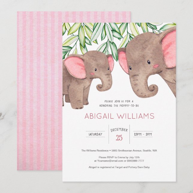 Woodland Cute Baby & Mor Elephant Baby Shower I Inbjudningar (Fram/baksida)