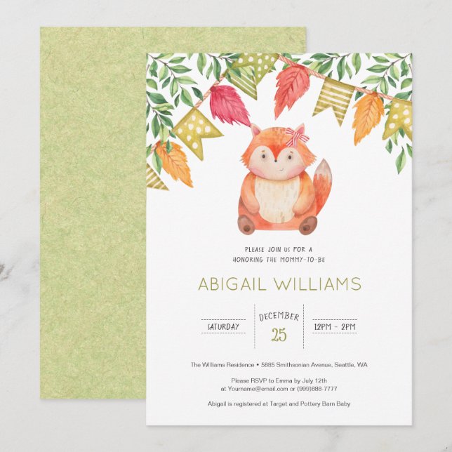 Woodland Cute Flicka Fox Baby Shower Inbjudningar (Fram/baksida)
