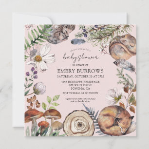Woodland Cute Forest Animals Rosa Girl Baby Shower Inbjudningar
