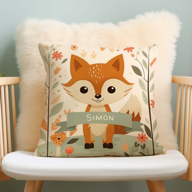 Woodland Cute Fox, Baby djur, Personlig Namn Kudde (Gender Neutral Woodland Fox Nursery Pillow, personalized with name.)