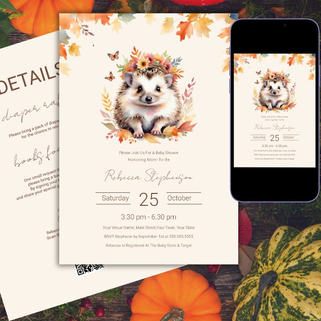 Woodland Cute Hedgehog Fall Baby Shower QR-kod Inbjudningar (Skapare uppladdad)