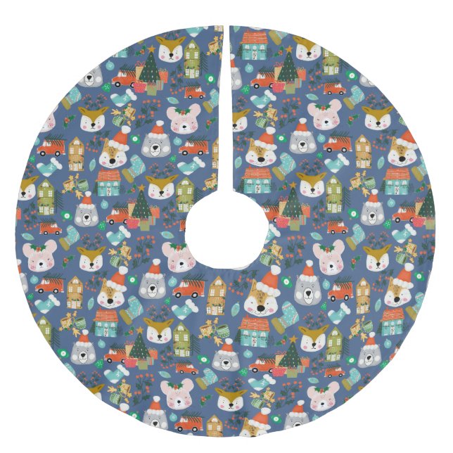 Woodland Cute Santa Animals Denim Blue Julgransmatta Borstad Polyester (Framsidan)