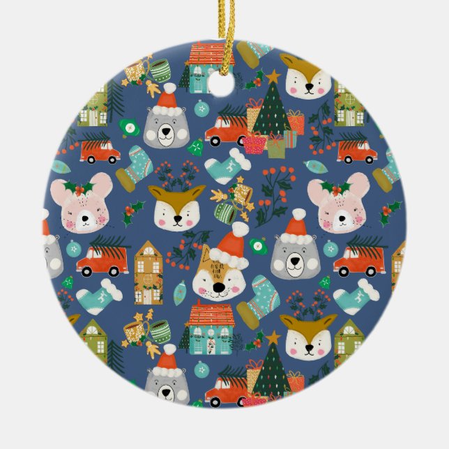 Woodland Cute Santa Animals Denim Blue Julgransprydnad Keramik (Framsidan)