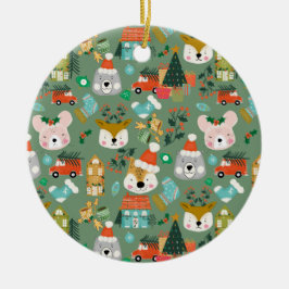Woodland Cute Santa Animals Green Julgransprydnad Keramik