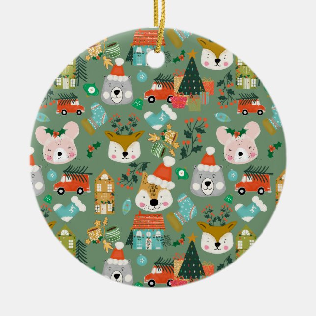 Woodland Cute Santa Animals Green Julgransprydnad Keramik (Framsidan)