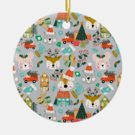 Woodland Cute Santa Animals Grey Julgransprydnad Keramik