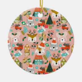Woodland Cute Santa Animals Pink Julgransprydnad Keramik