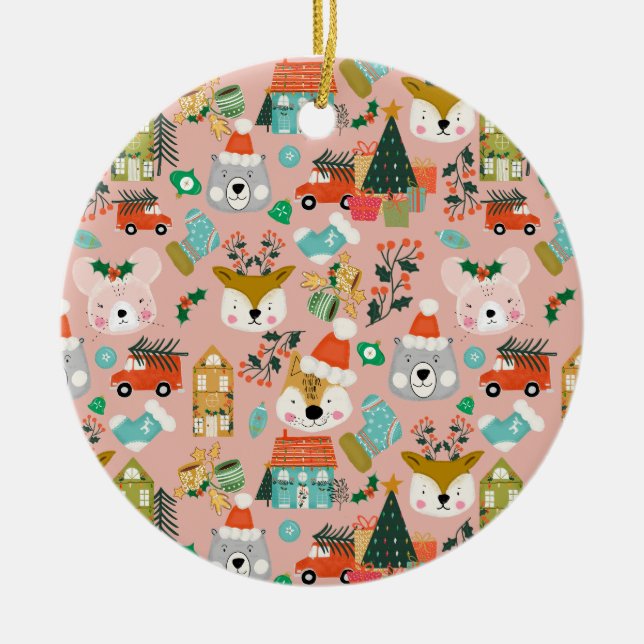 Woodland Cute Santa Animals Pink Julgransprydnad Keramik (Framsidan)