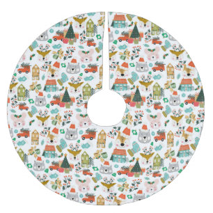 Woodland Cute Santa Animals White Julgransmatta Borstad Polyester