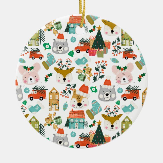 Woodland Cute Santa Animals White Julgransprydnad Keramik (Framsidan)