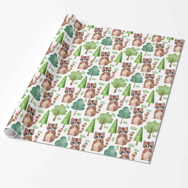 Woodland Cute Tecknad Raccoon Forest Animal Presentpapper (Utrullad)
