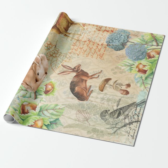 Woodland Decoupage Forest Wildlife Hjort, kanin  Presentpapper (Utrullad)