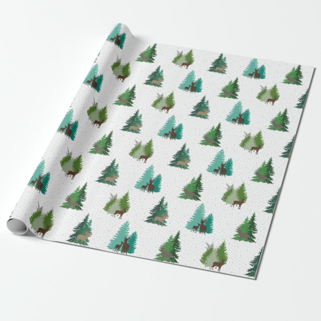 Woodland Deer and Pine Trees Pattern Presentpapper (Utrullad)