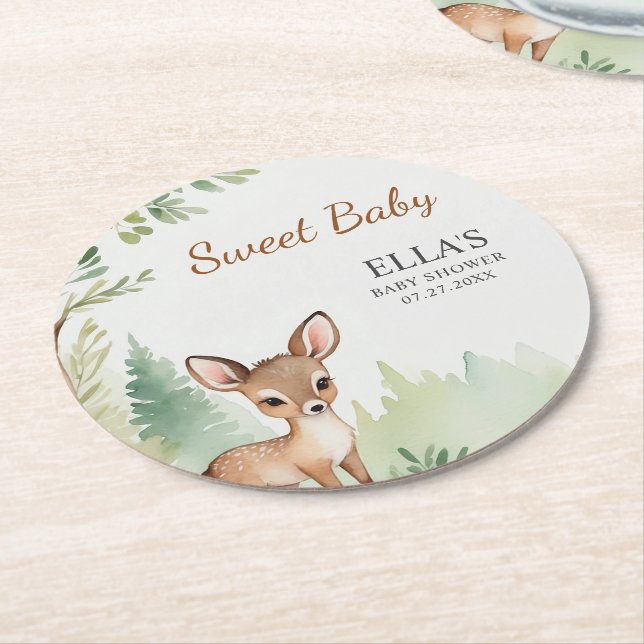 Woodland Deer Forest Neutral Baby Shower Party Underlägg Papper Rund (Vinklad)