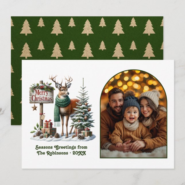 Woodland Deer Merry Christmas Rustic Forest Photo Julkort (Fram/baksida)