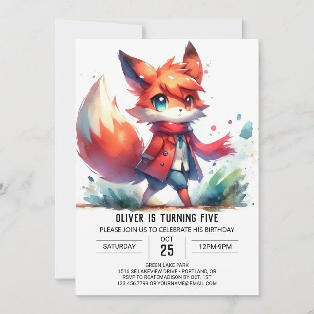 Woodland Editable Fox Birthday Inbjudningar (Framsida)