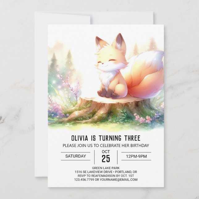 Woodland Elegant Fox Birthday digital Inbjudningar (Framsida)