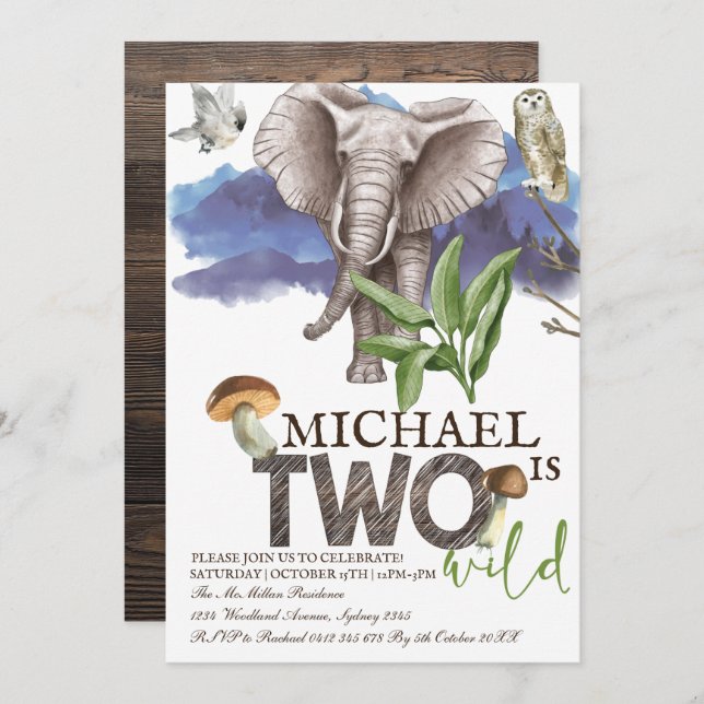 Woodland Elephant Watercolor Andra födelsedagen Inbjudningar (Fram/baksida)