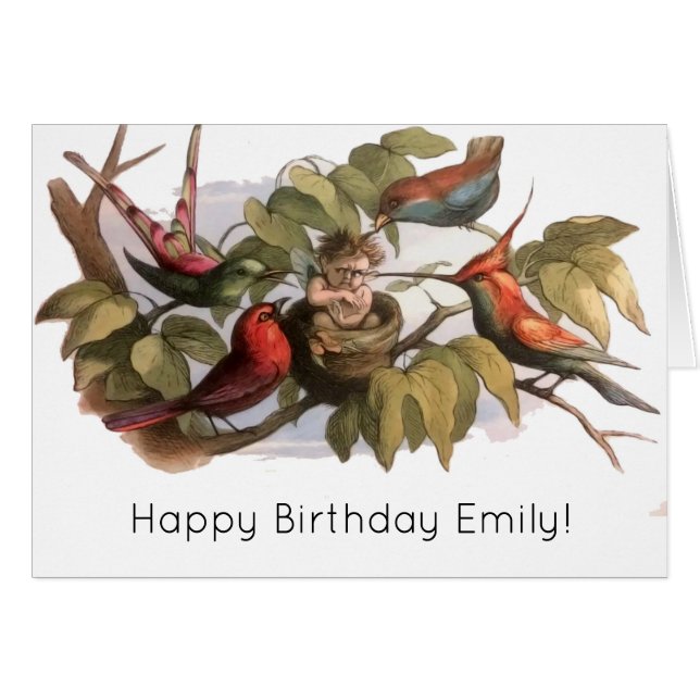 Woodland Elf i Nest: Antique Bird Sprite Fairy Hälsningskort (Framsidan Horizontal)