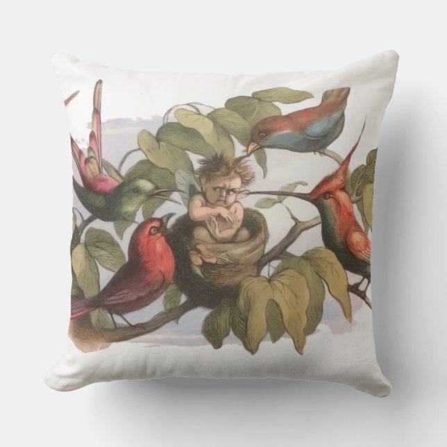 Woodland Elf i Nest: Antique Bird Sprite Fairy Kudde (Framsida)