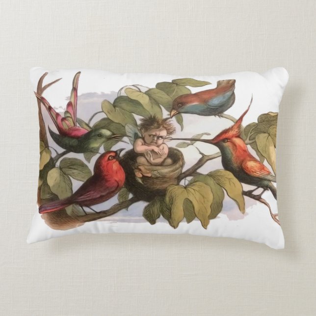 Woodland Elf i Nest: Antique Bird Sprite Fairy Prydnadskudde (Baksidan)