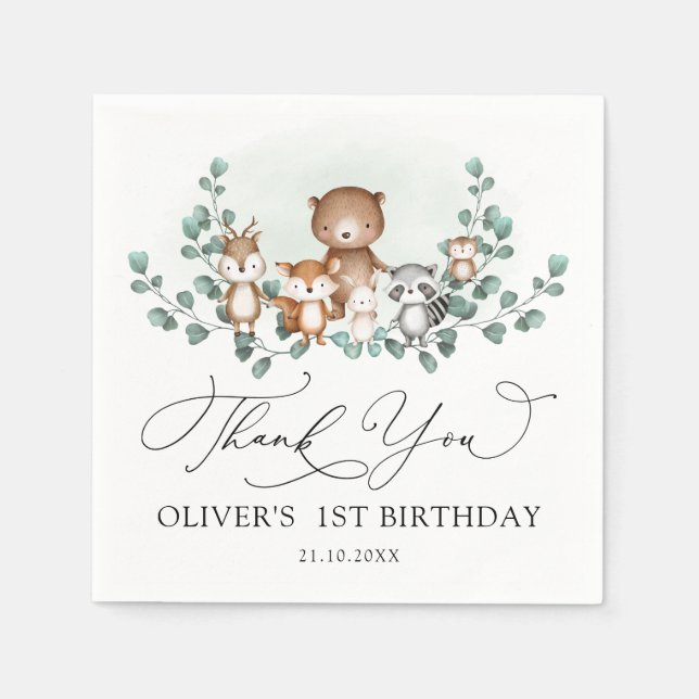 Woodland Eucalyptus Greenery Animals Birthday Boy Pappersservett (Framsidan)