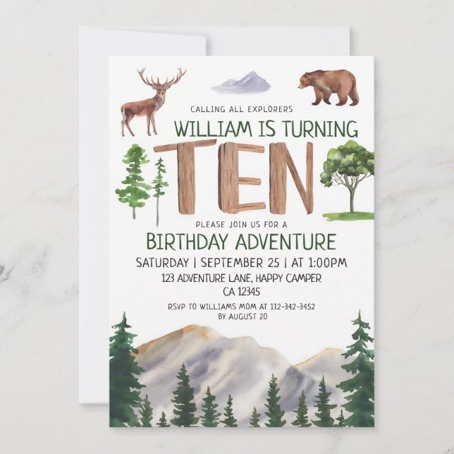 Woodland Explorer 10-års födelsedagsäventyr Inbjudningar (Framsida)