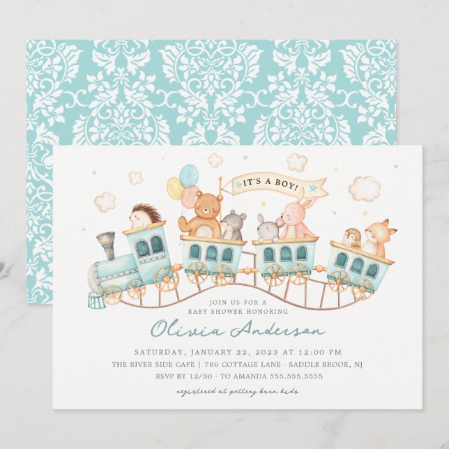 Woodland Express Baby Shower Inbjudningar (Fram/baksida)