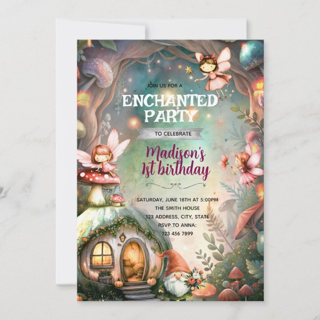 Woodland Fairy and Gnome Birthday Invitation Inbjudningar (Framsida)