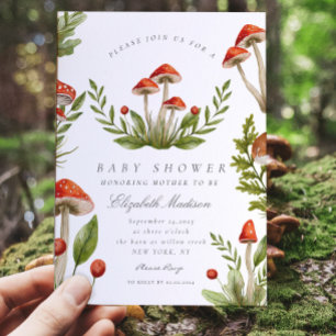 Woodland Fall Watercolor Mushroom Baby Shower Inbjudningar